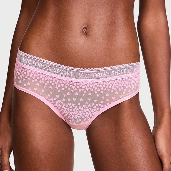 Victoria's Secret Logo Flocked Hearts Hiphugger Panty Pink Flocked Hearts S NEW - Picture 2 of 6